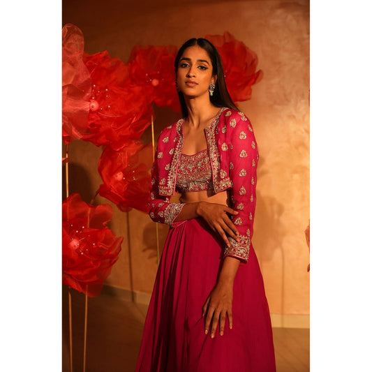 SWATHI VELDANDI Melodic Magenta Pink Lehenga with Bustier and Embroided Jacket (Set of 3)