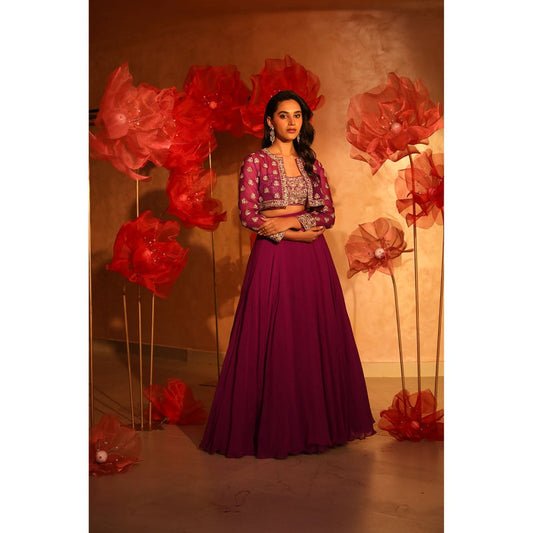SWATHI VELDANDI Precious Purple Lehenga with Bustier and Embroided Jacket (Set of 3)