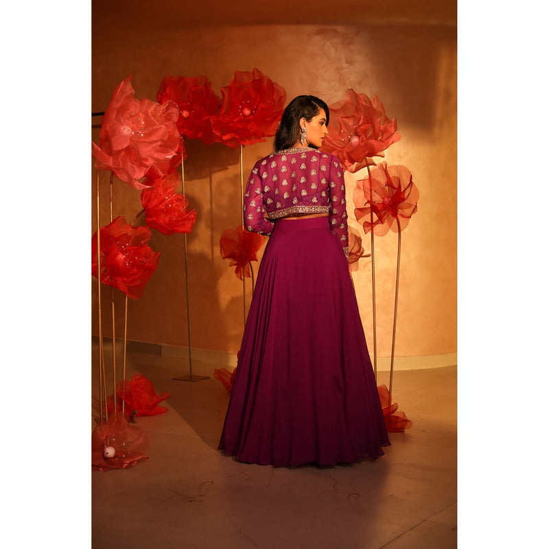SWATHI VELDANDI Precious Purple Lehenga with Bustier and Embroided Jacket (Set of 3)