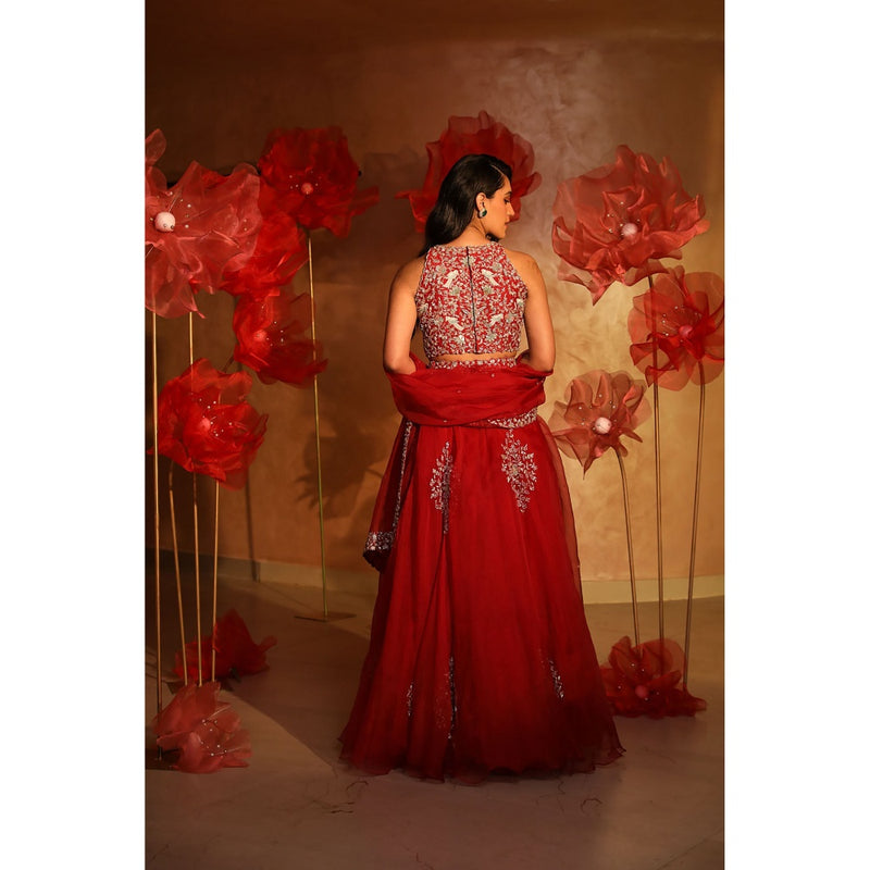 SWATHI VELDANDI Red Organza Lehenga with Blouse and Dupatta (Set of 3)