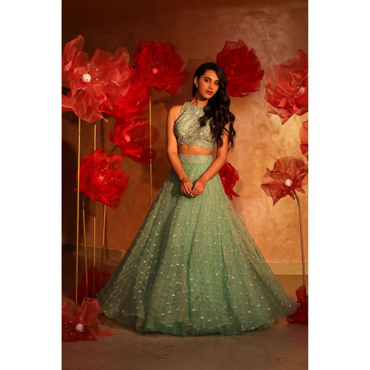 SWATHI VELDANDI Saccharine Sage Green Lehenga with Blouse and Dupatta (Set of 3)