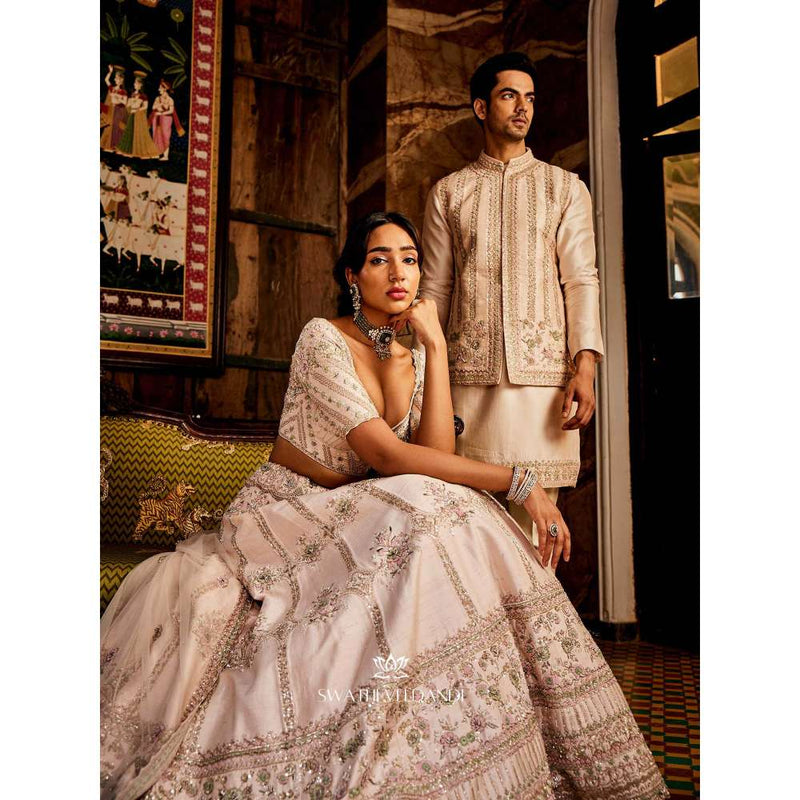 SWATHI VELDANDI Heavenly Beige Embellished Nehru Jacket with Kurta and Pant (Set of 3)