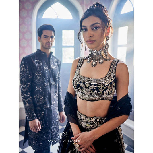 SWATHI VELDANDI Midnight Black Embellished Sherwani with Trouser and Dupatta (Set of 3)