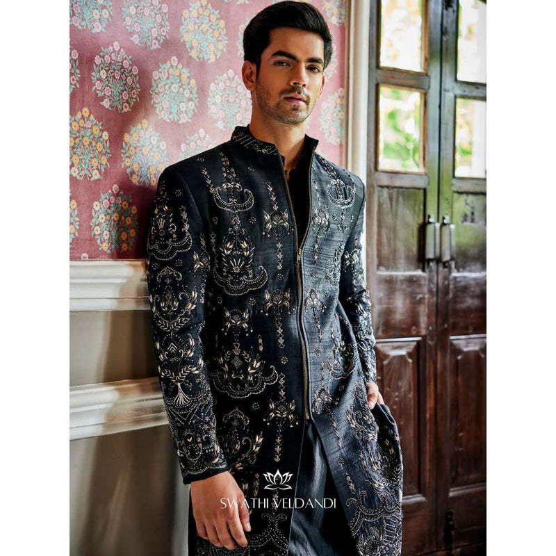 SWATHI VELDANDI Midnight Black Embellished Sherwani with Trouser and Dupatta (Set of 3)