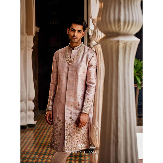 SWATHI VELDANDI Pink Embellished Sherwani with Trouser and Dupatta (Set of 2)