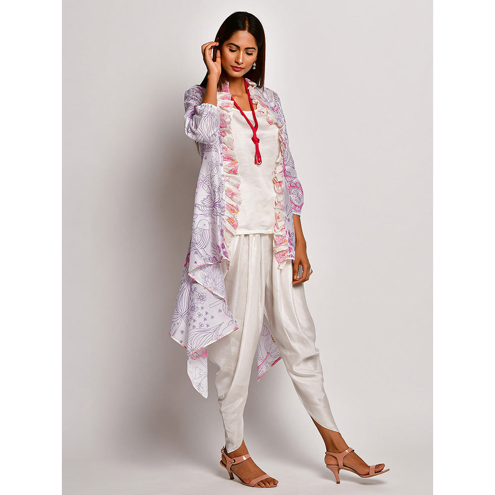 Swati Vijaivargie In Bloom White Printed Frill Jacket With Camisole And Dhoti Pants (Set of 3)