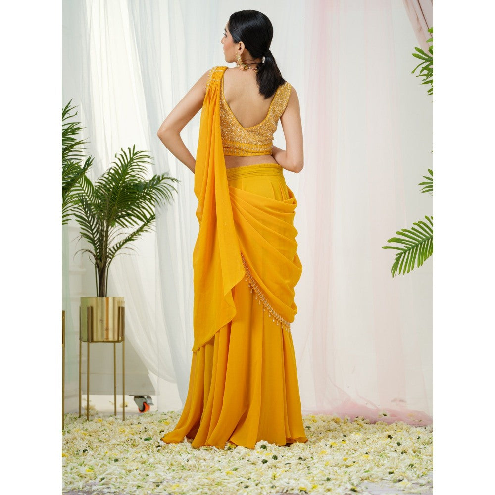 Tamaraa by Tahani Mustard Yellow Stardust Belt Attached Drape Saree with Stitched Blouse
