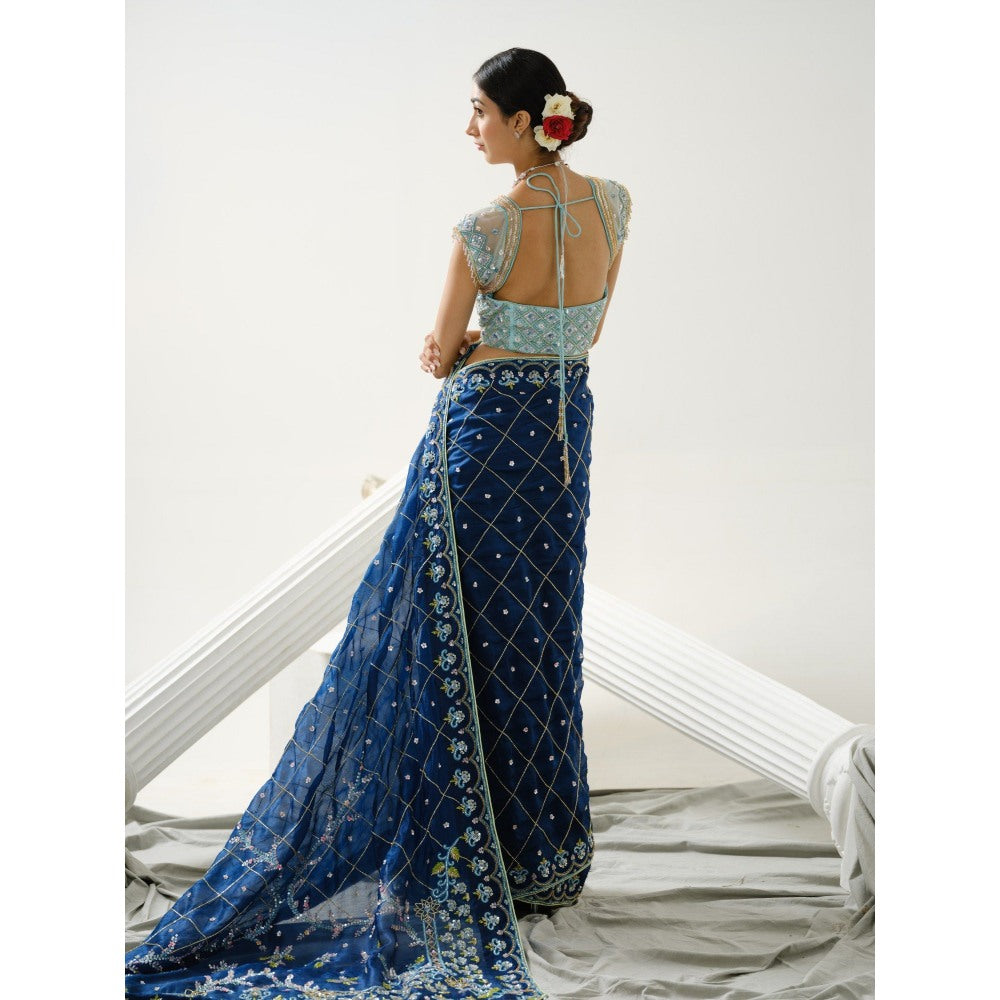 Tamaraa by Tahani Blue Organza Floral Handcrafted Saree with Stitched Blouse