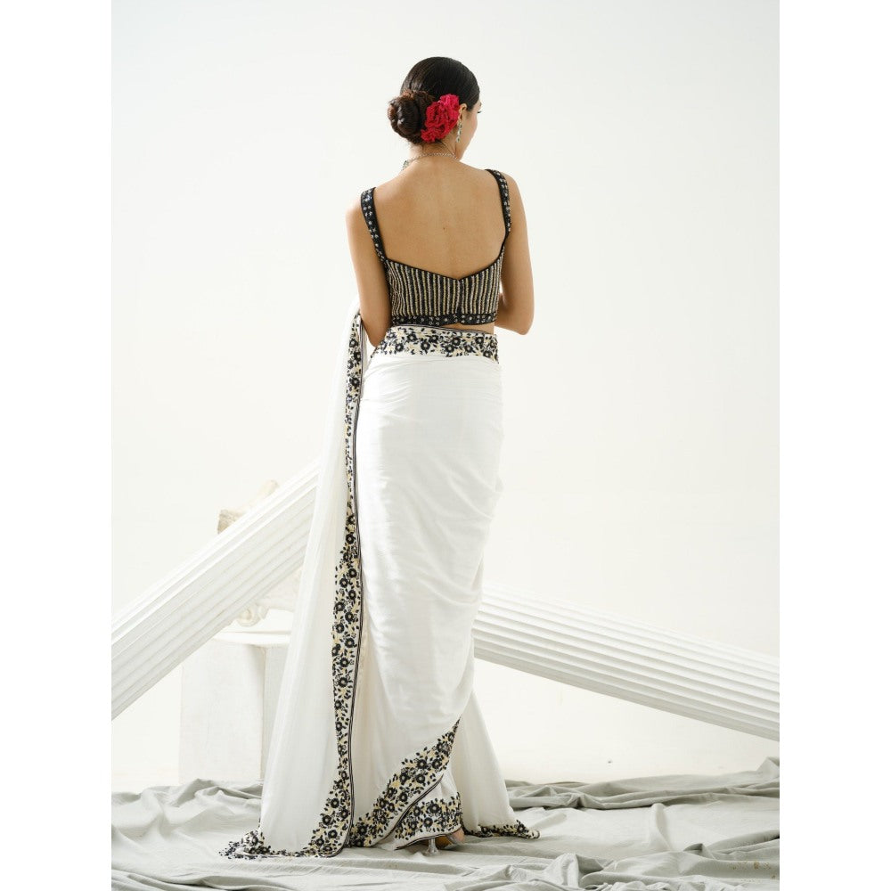 Tamaraa by Tahani White Floral Border Saree with Stitched Blouse