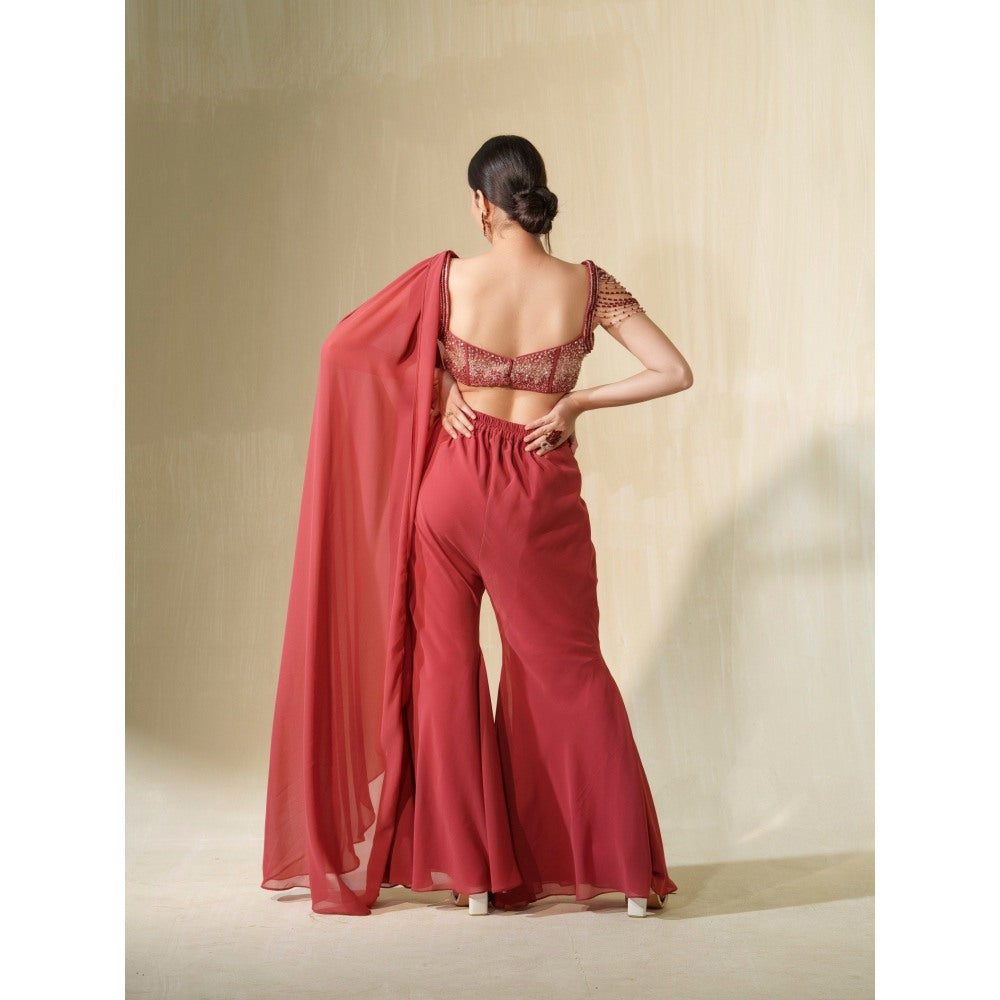 Tamaraa by Tahani Red Gulabo Attached Draped Top with Pant (Set of 2)