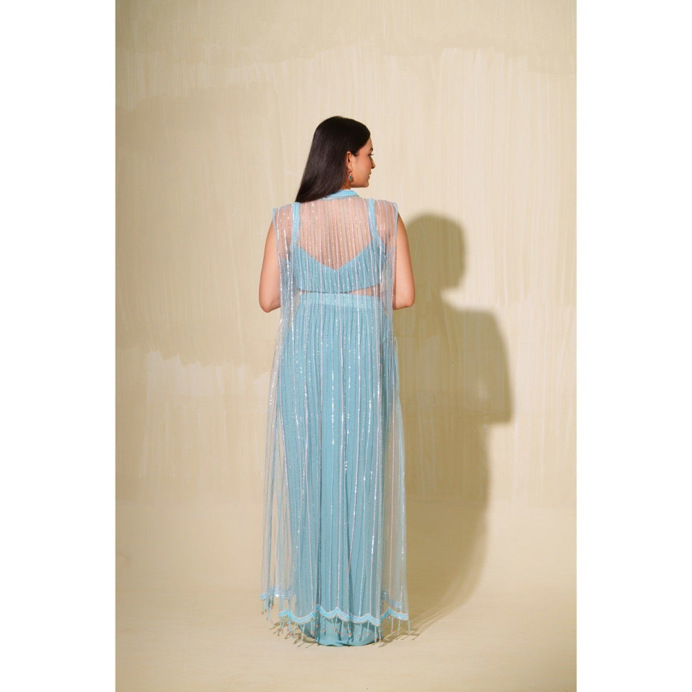 Tamaraa by Tahani Blue Aasmani Jacket with Blouse and Skirt (Set of 3)