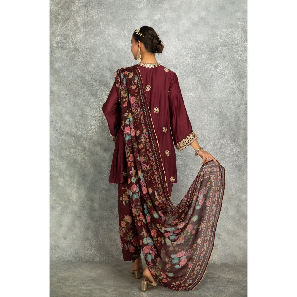 Tanu Malhotra Wine Mirror Embroidered Kurta with Salwar and Dupatta (Set of 3)