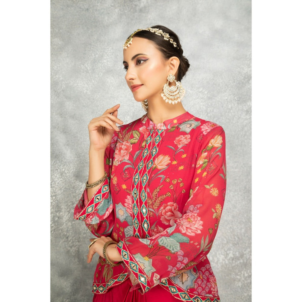 Tanu Malhotra Hot Pink Embroidered Printed Jacket with Drape Skirt (Set of 2)