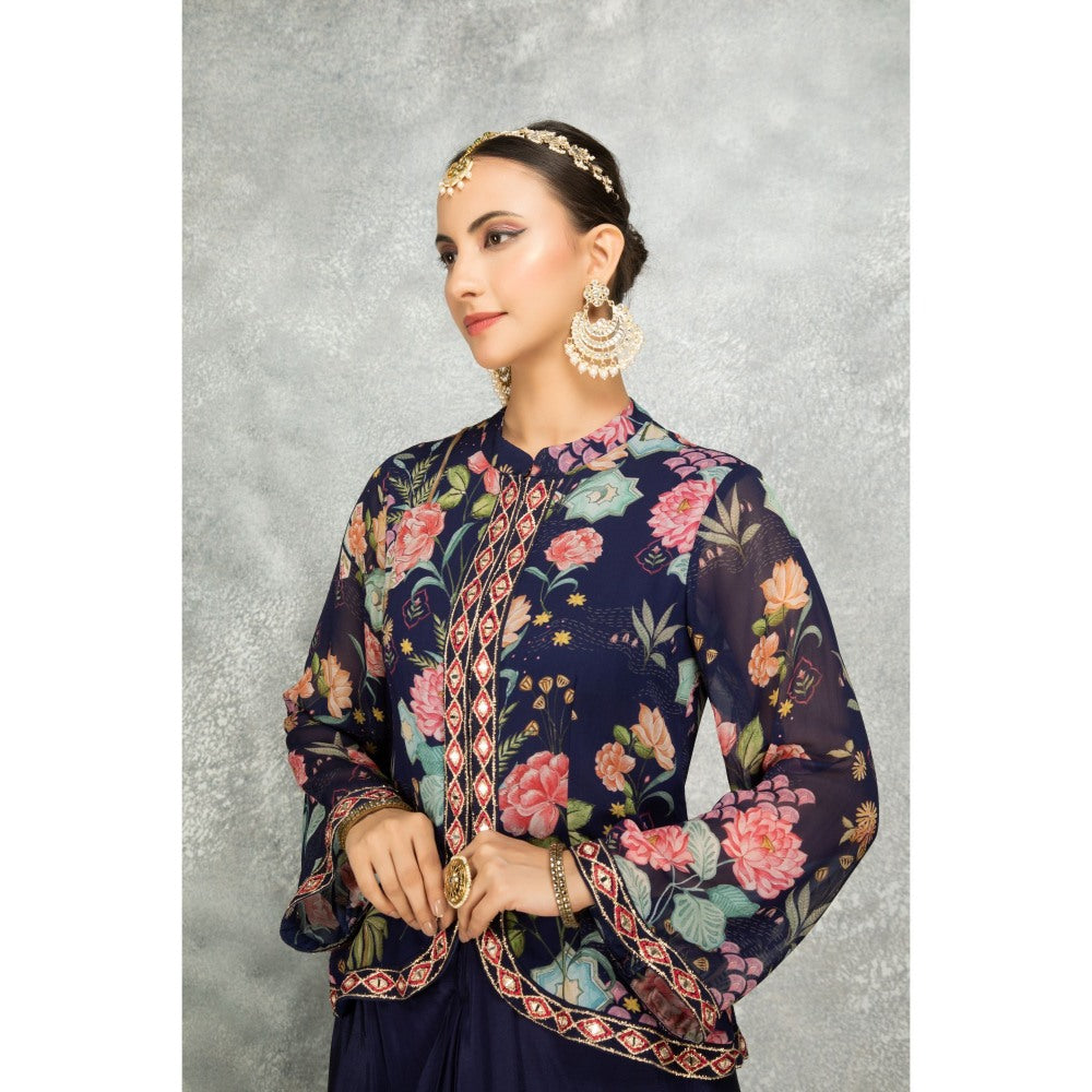 Tanu Malhotra Navy Blue Embroidered Printed Jacket with Drape Skirt (Set of 2)