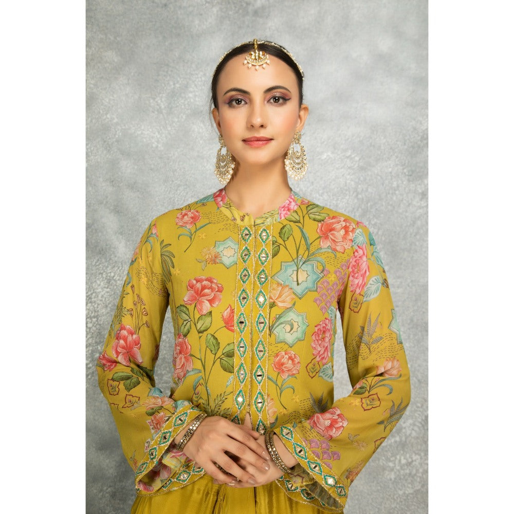 Tanu Malhotra Yellow Embroidered Printed Jacket with Drape Skirt (Set of 2)