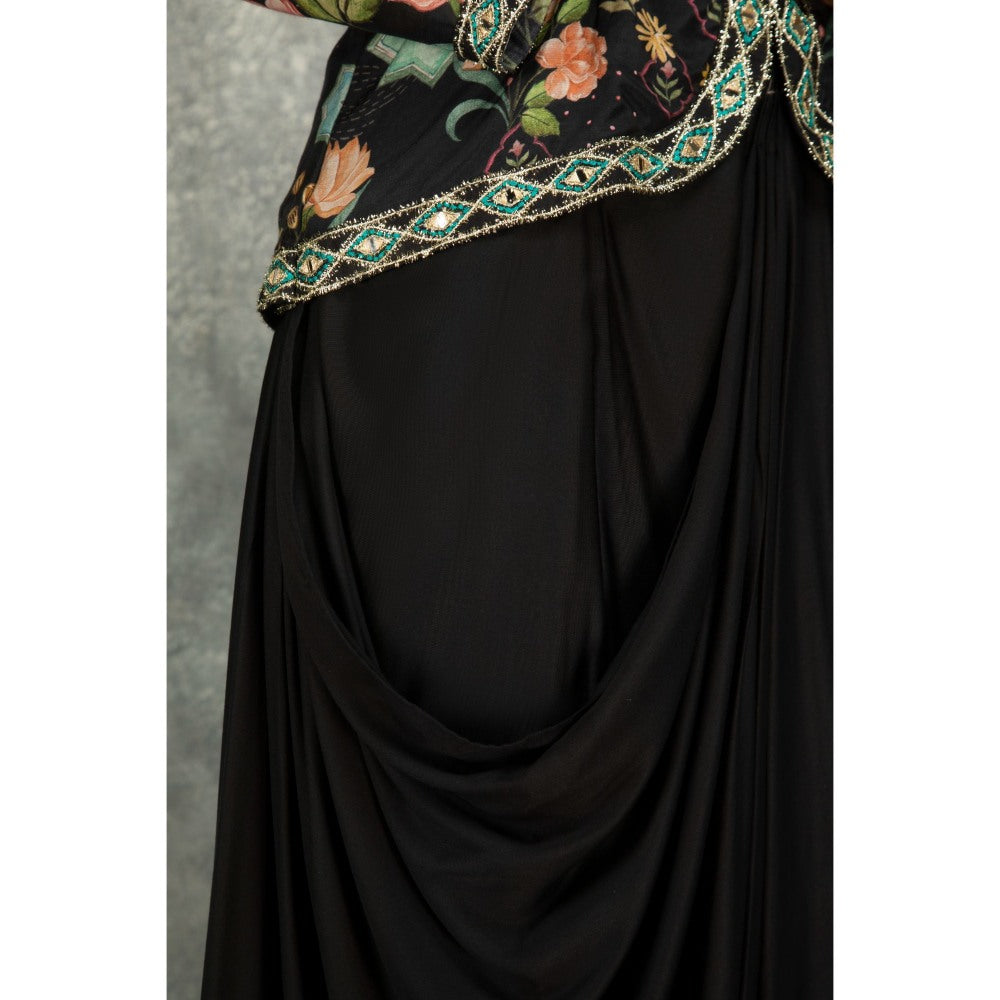 Tanu Malhotra Black Embroidered Printed Jacket with Drape Skirt (Set of 2)