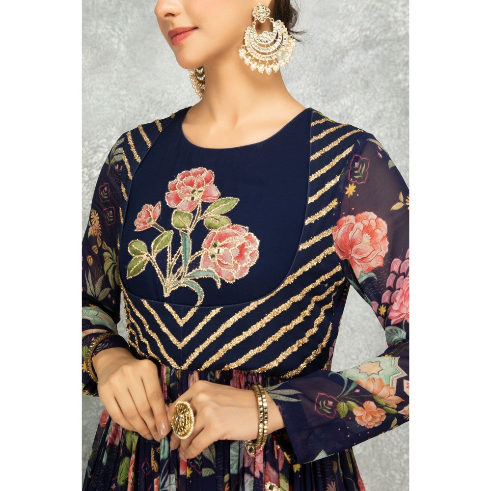 Tanu Malhotra Blue Anarkali with Churidar and Dupatta (Set of 3)