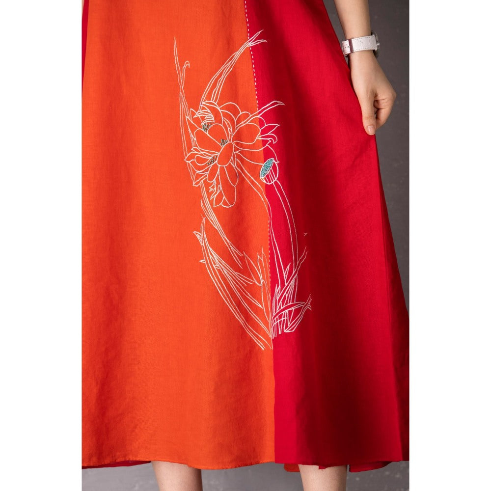 Tanu Malhotra Burnt Orange Cotton Linen Embroidered Dress