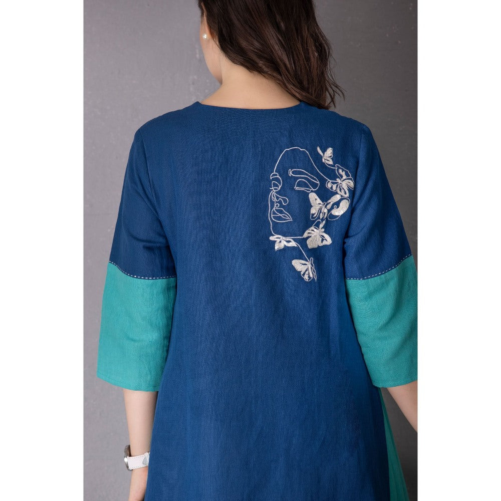 Tanu Malhotra Blue Cotton Linen Embroidered Kurta with Pant (Set of 2)