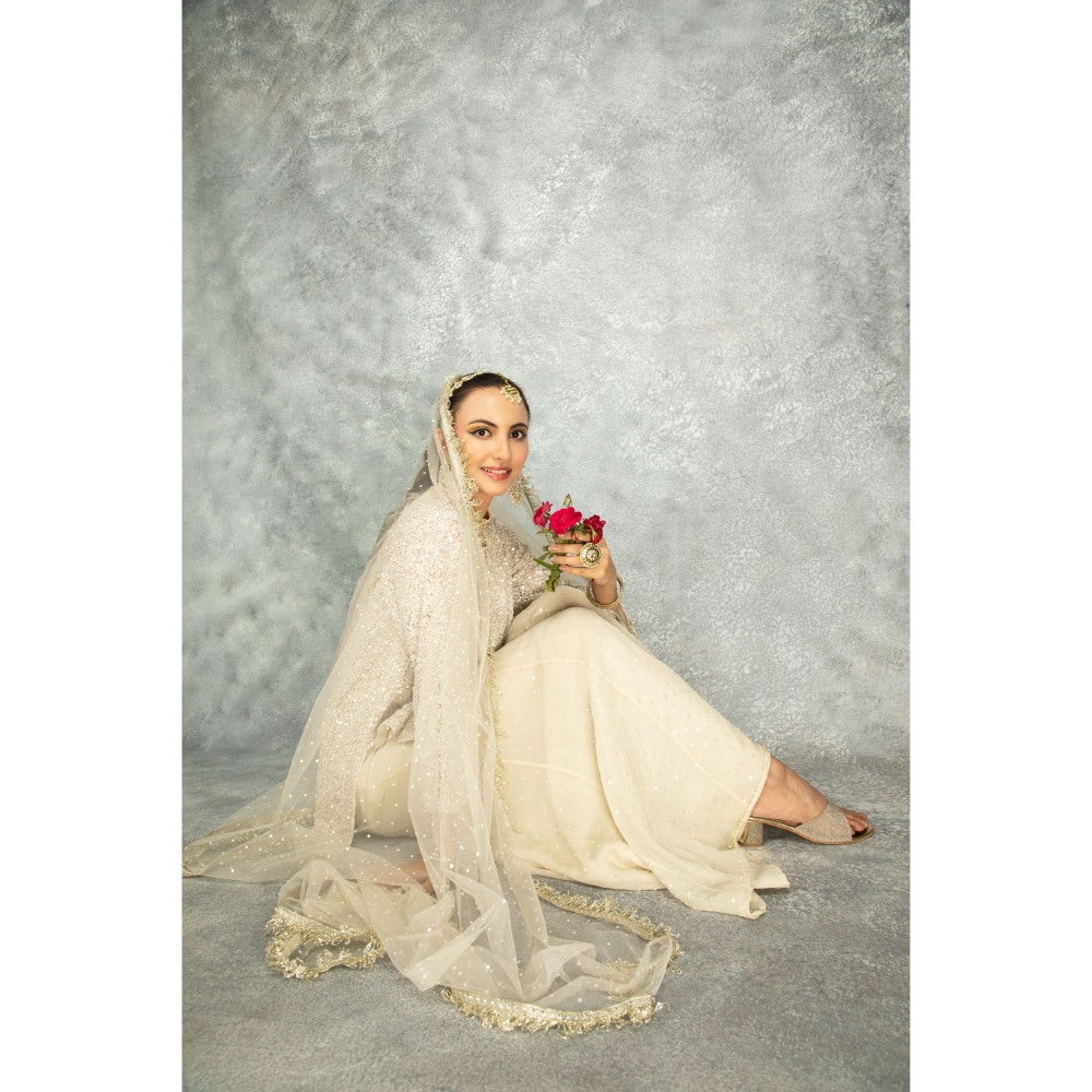 Tanu Malhotra Ivory Organza Embroidered Palazzo with Top and Dupatta (Set of 3)