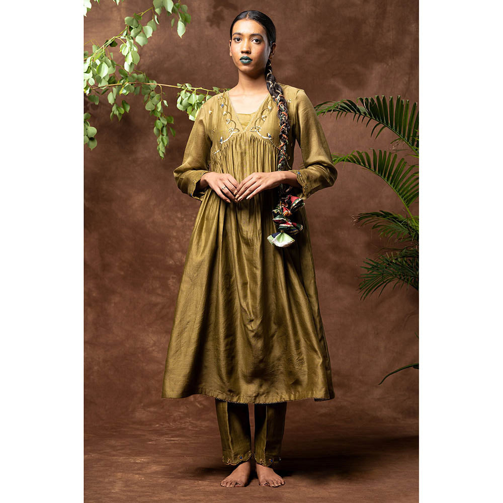 Taraasi Olive Haseena Embellished Anarkali Kurta with Pant & Dupatta (Set of 4)