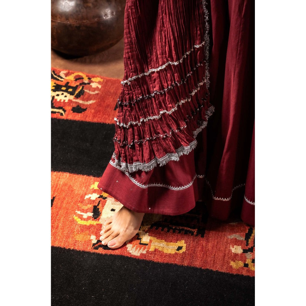 Taraasi Rust 'Manjulika' Mulmul Kalidar Lehenga with Blouse & Dupatta