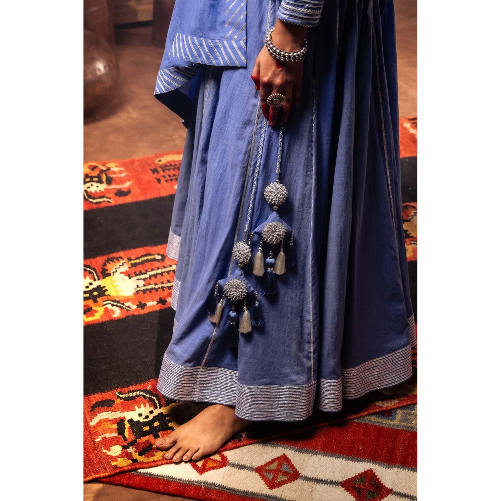 Taraasi Blue 'Mayuri' Mulmul Kalidar Lehenga with Blouse & Dupatta