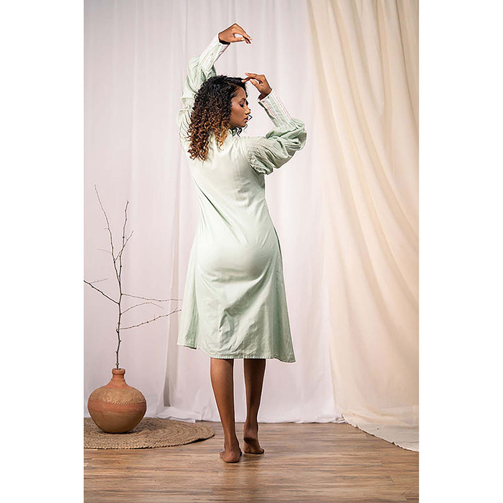 Taraasi Humming Bird' Sage Green Mulmul Cotton Dress