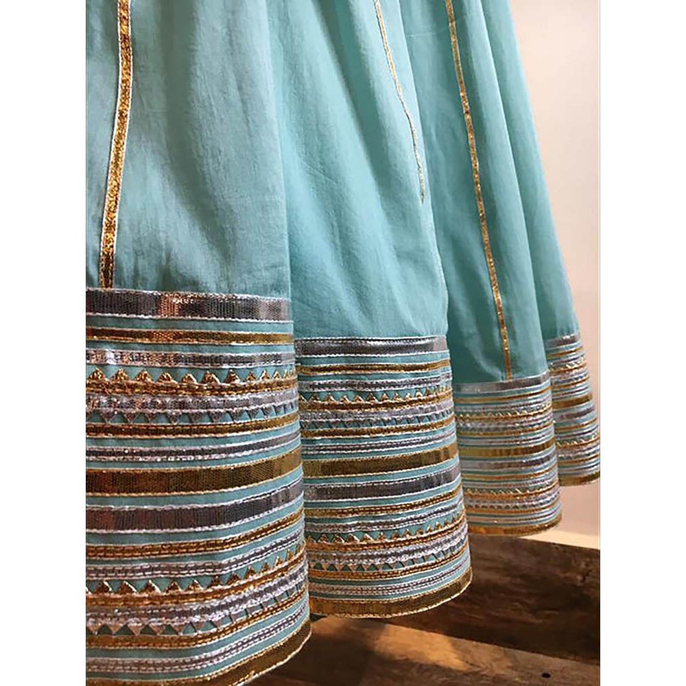 Taraasi Apsara Blue Mulmul Cotton Kalidar Ghaghara Skirt