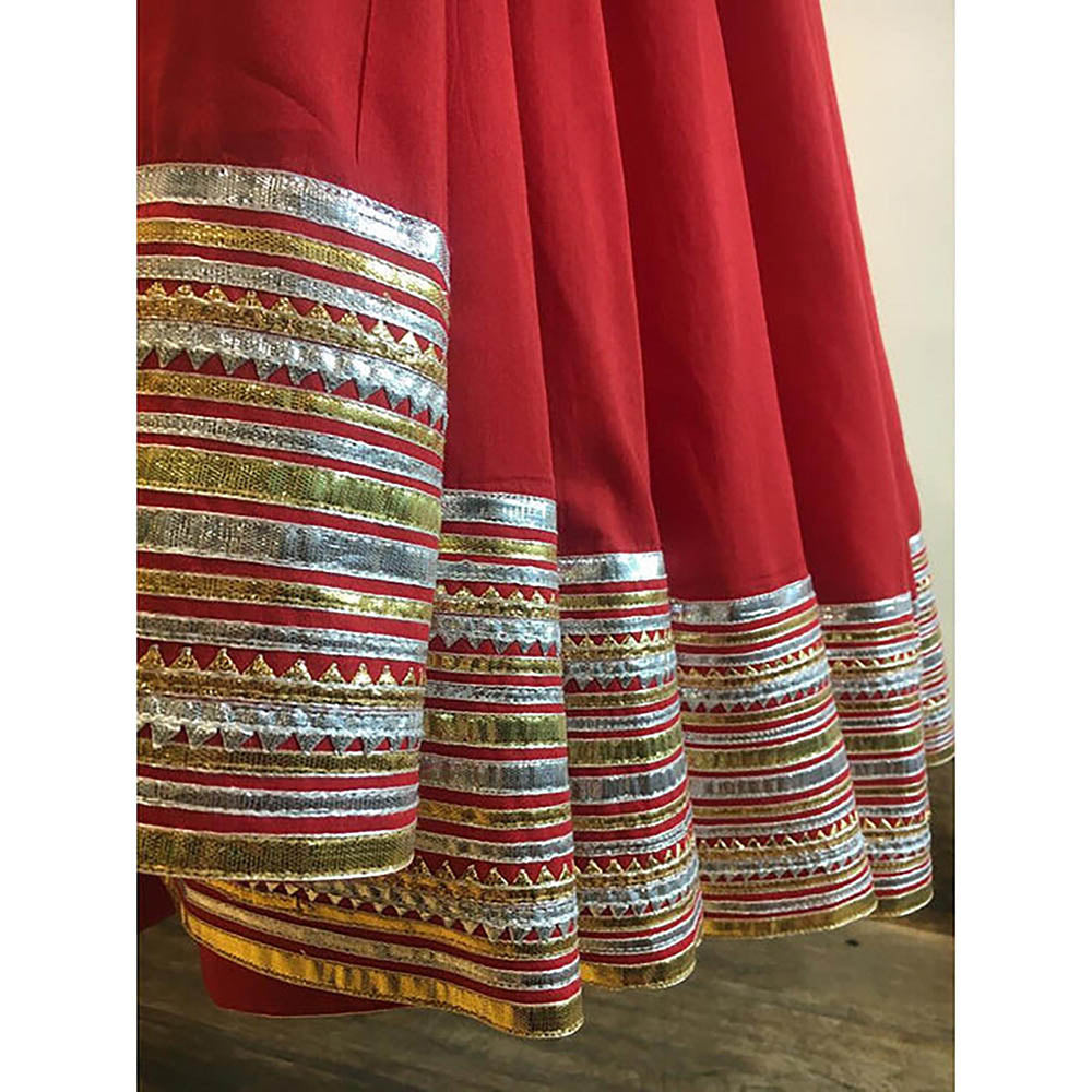 Taraasi Rangtaara Red Mulmul Cotton Kalidar Ghaghara Skirt