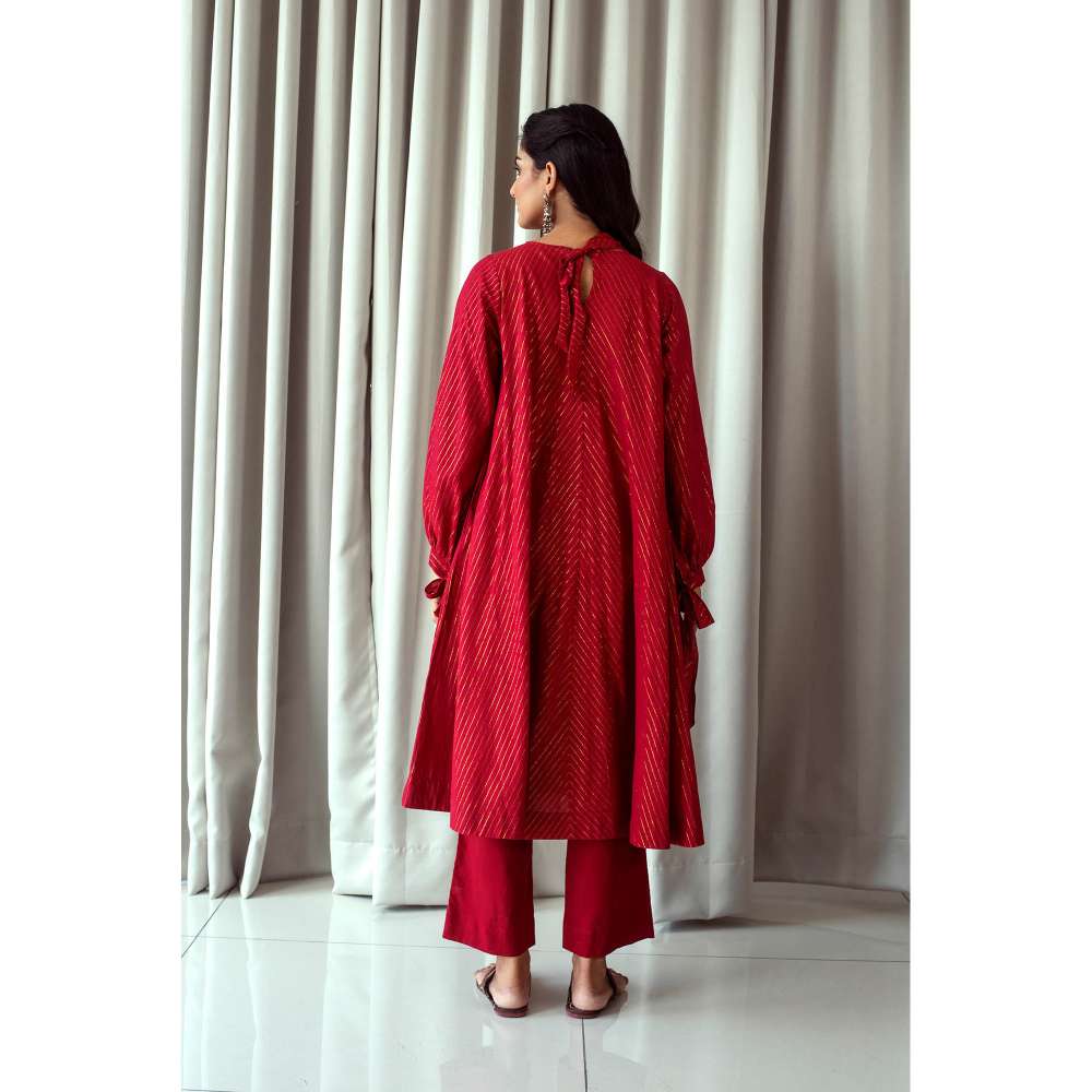 Taro India Cranberry Red Anarkali Kurta and Pant (Set of 3)