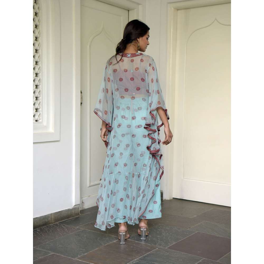Taro india Turquoise Horizon Kaftan with Bustier and Pant (Set of 3)