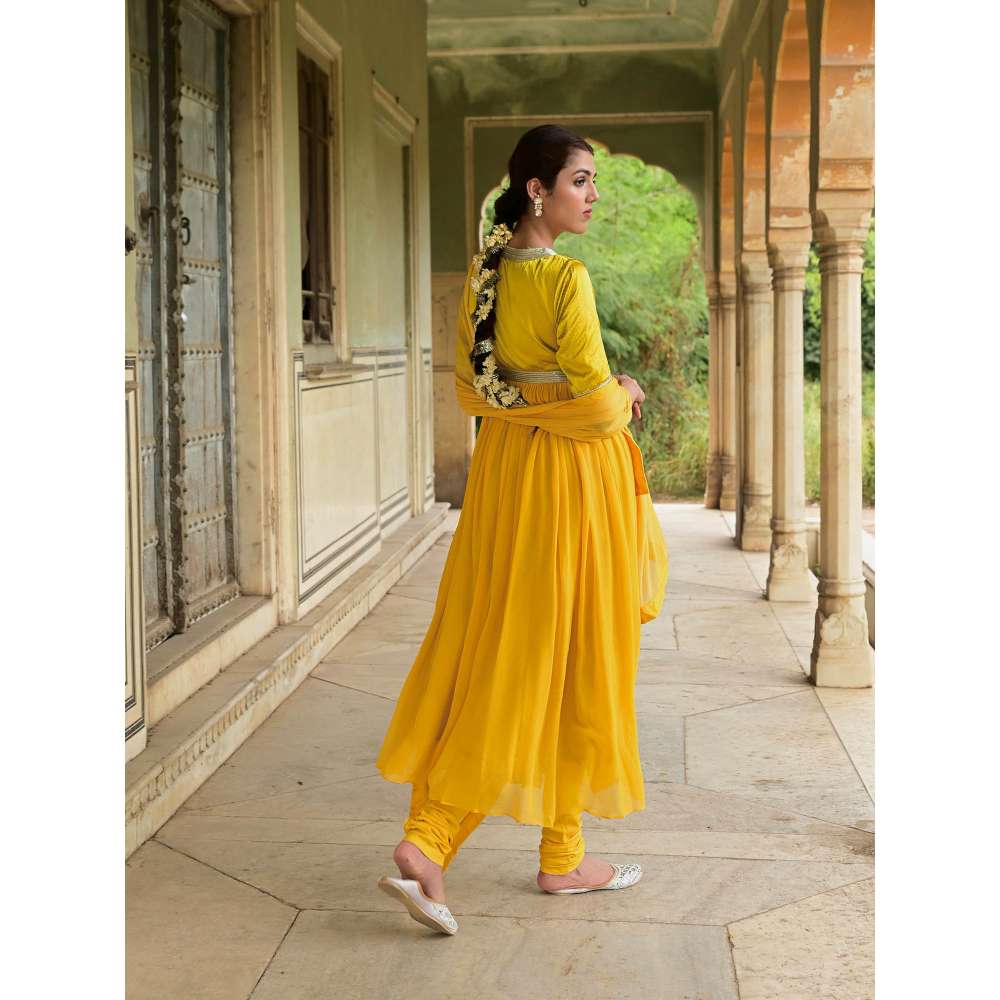 Taro India Kaner Yellow Anarkali Kurta with Churidar & Dupatta (Set of 3)