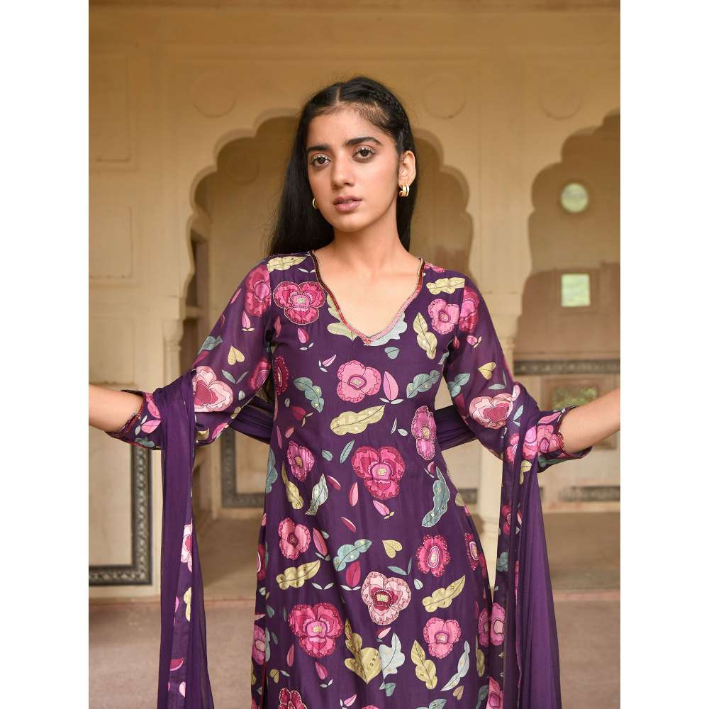 Taro India Orchid Purple Kurta with Pant and Dupatta (Set of 3)