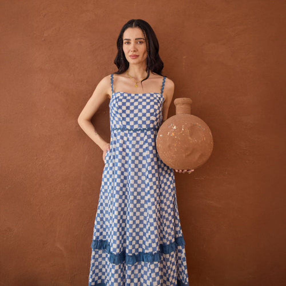 Taro India Gingham Blue Maxi Dress