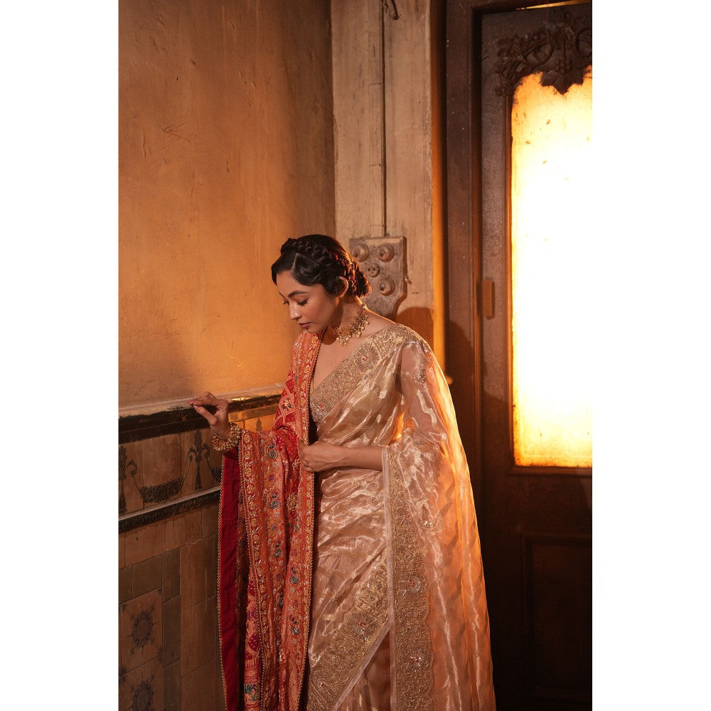 TATWAMM Beige Banarsi Saree with Unstitched