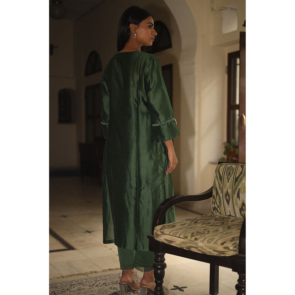 Tatwa Designs Bottle Green Glass Beaded Kurta with Dupatta (Set of 3)