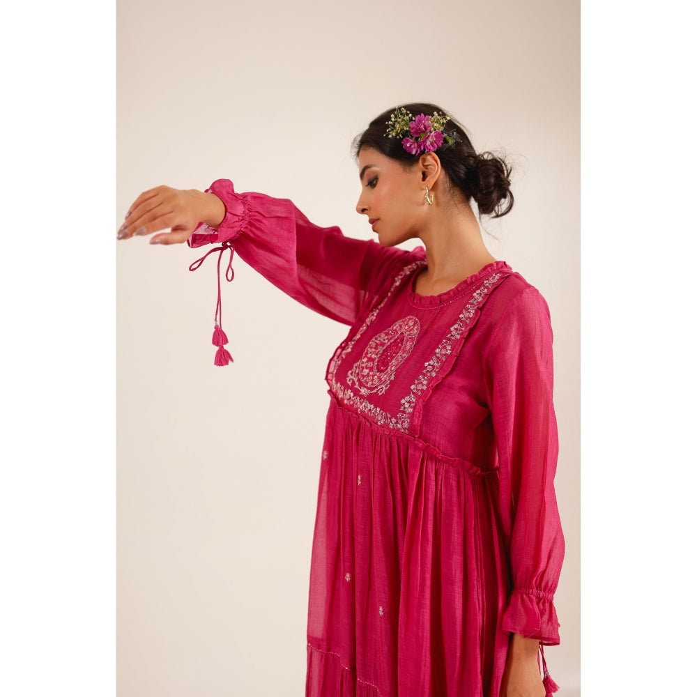 Tatwa Designs Women Pink Chanderi Embroidered Midi Dress