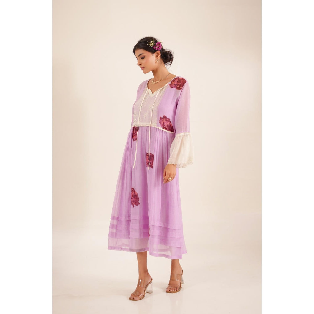 Tatwa Designs Women Purple Chanderi Floral Midi Dress