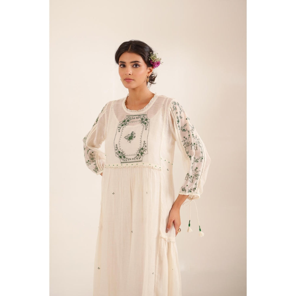 Tatwa Designs Women Ivory Cotton Embroidered Midi Dress With Dupatta