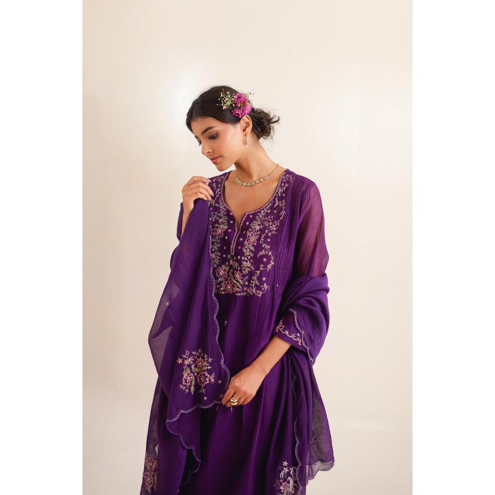 Tatwa Designs Women Purple Chanderi Embroidered Kurta with Pant and Dupatta