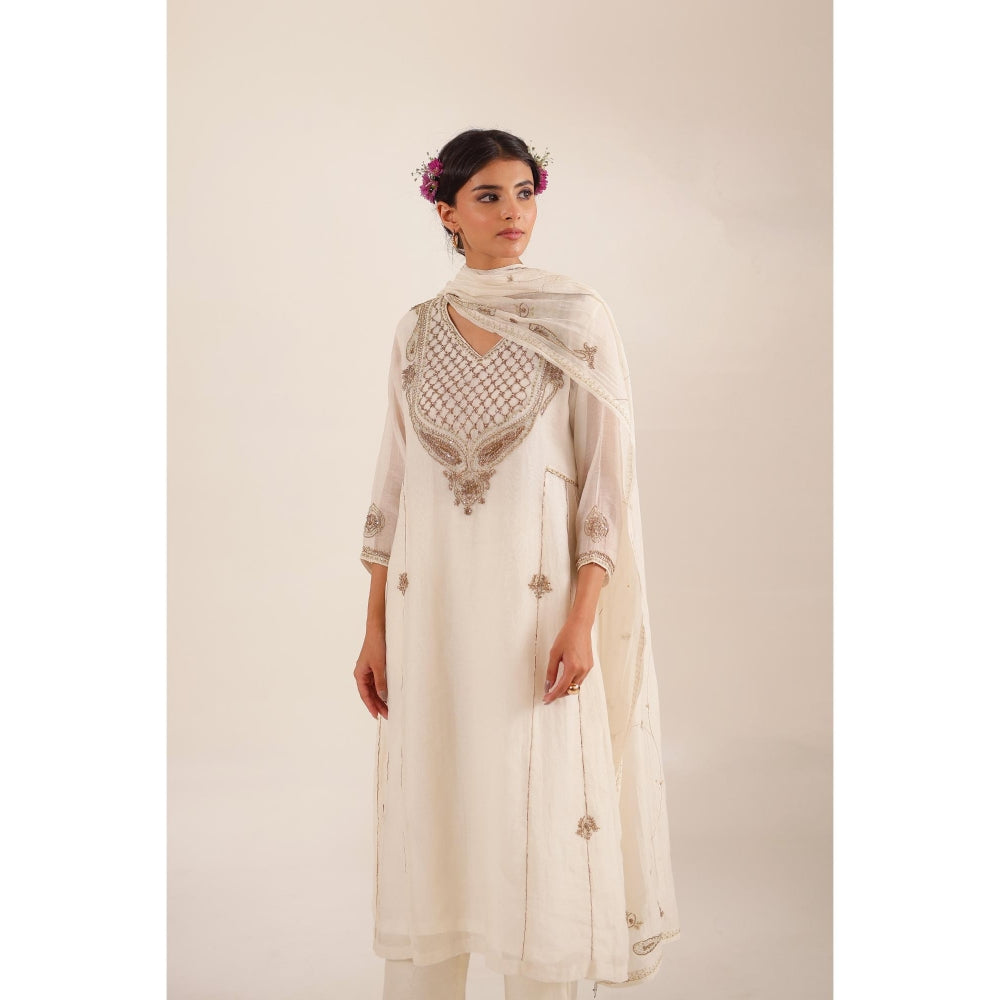 Tatwa Designs Women White Chanderi Embroidered Top with Palazzo and Dupatta