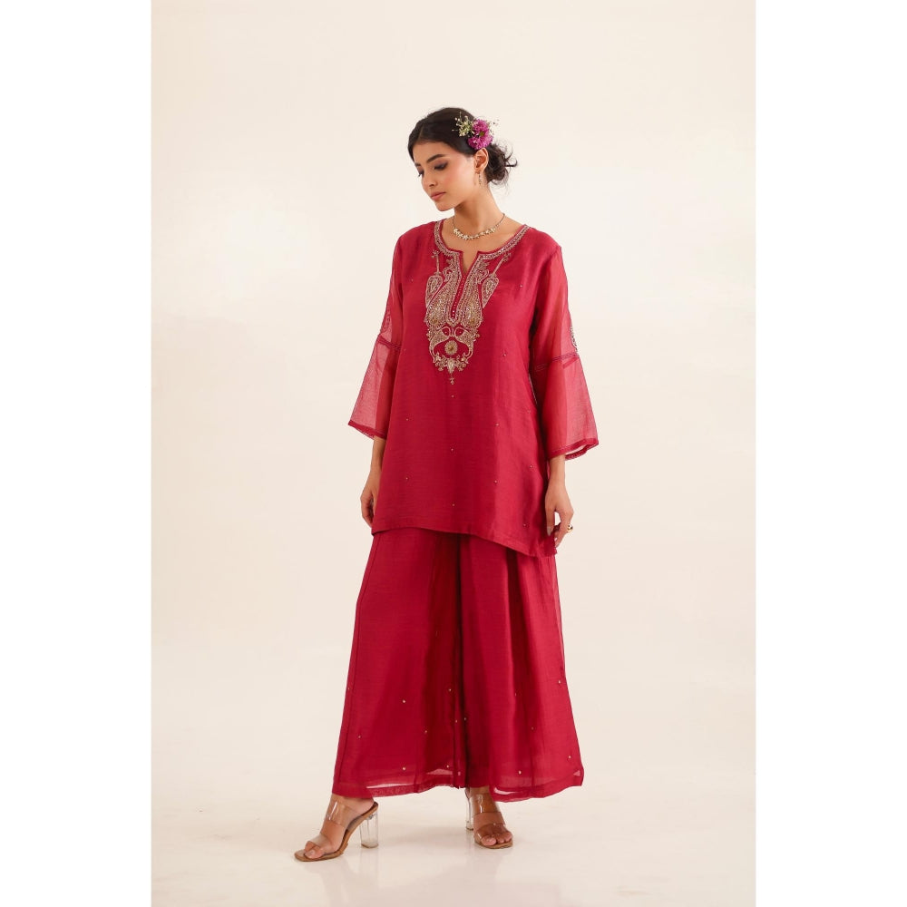 Tatwa Designs Women Red Chanderi Embroidered Top with Palazzo and Dupatta