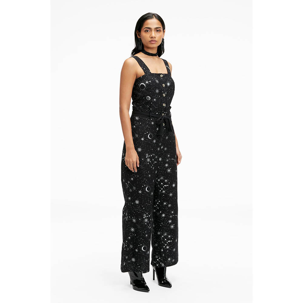 TERRA LUNA Women's Black Elara 100% Linen Jumpsuit with Belt (Set of 2)