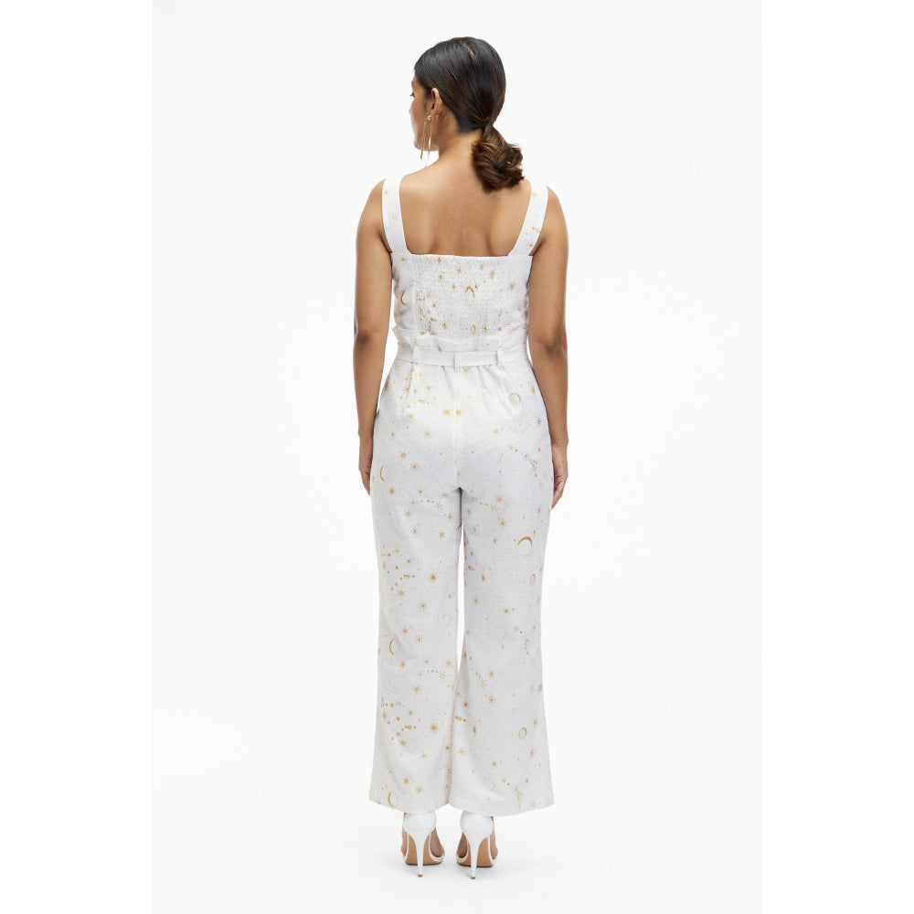 TERRA LUNA Women's White Elara 100% Linen Jumpsuit with Belt (Set of 2)