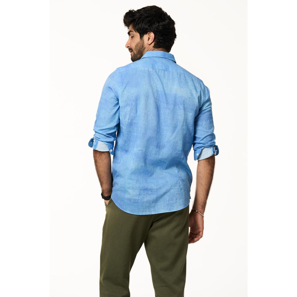 TERRA LUNA Men Sola Blue Solid Collar Neck Khadi Shirt