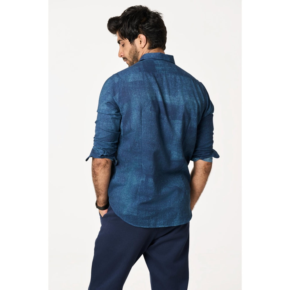 TERRA LUNA Men Sola Blue Solid Collar Neck Khadi Shirt