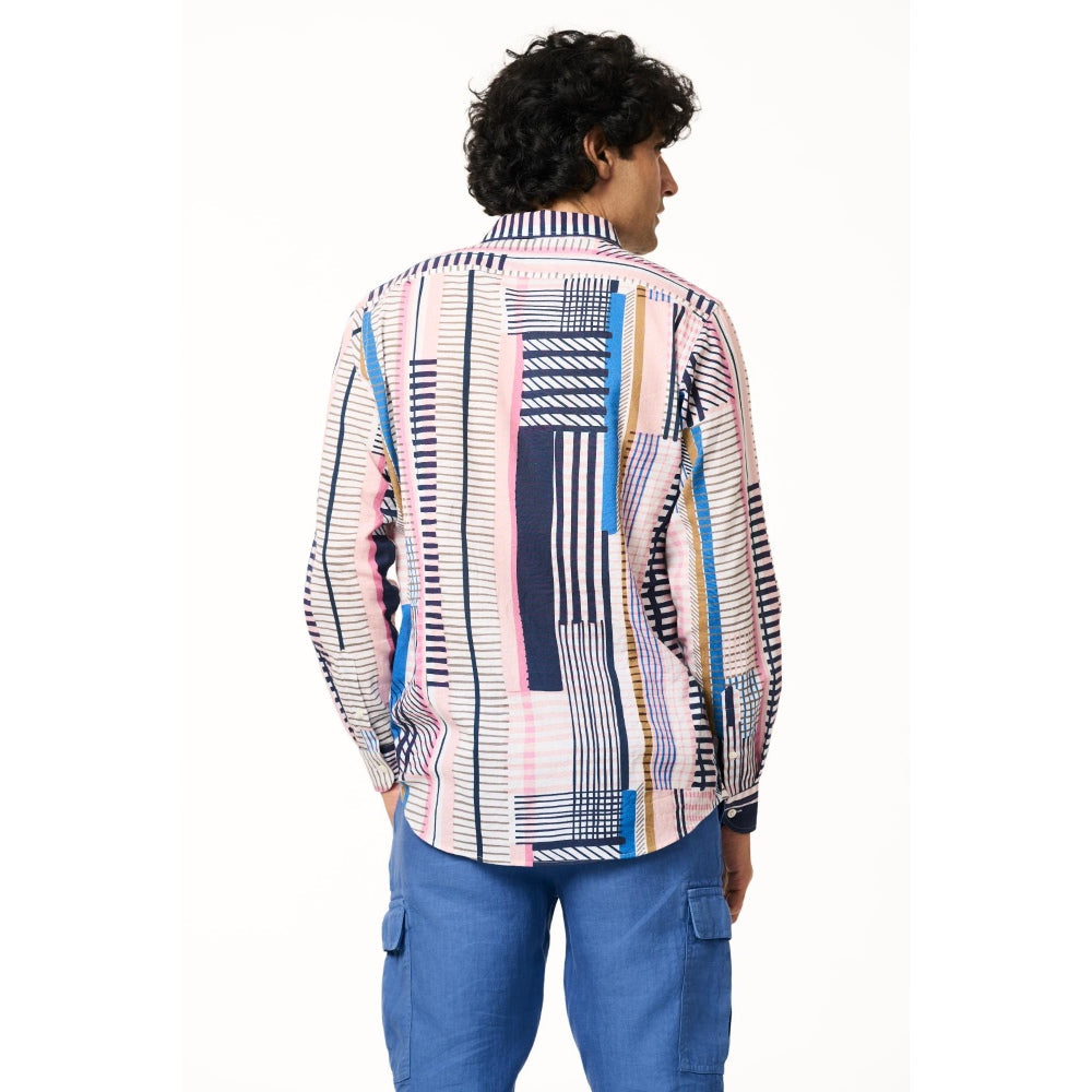 TERRA LUNA Men Sola Pink Printed Collar Neck Khadi Shirt
