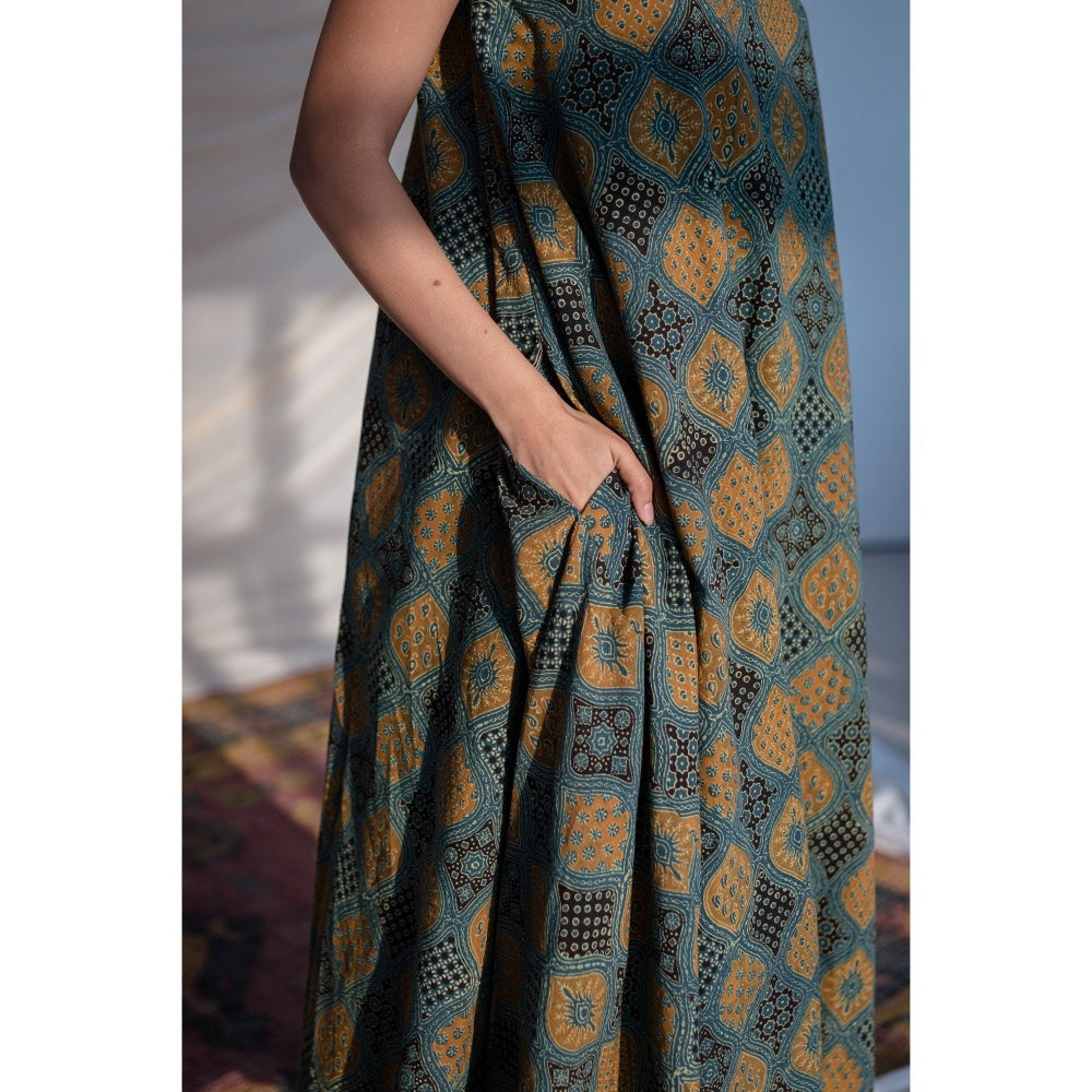 The Indian Ethnic Co. Green Ajrakh Flared Maxi Dress