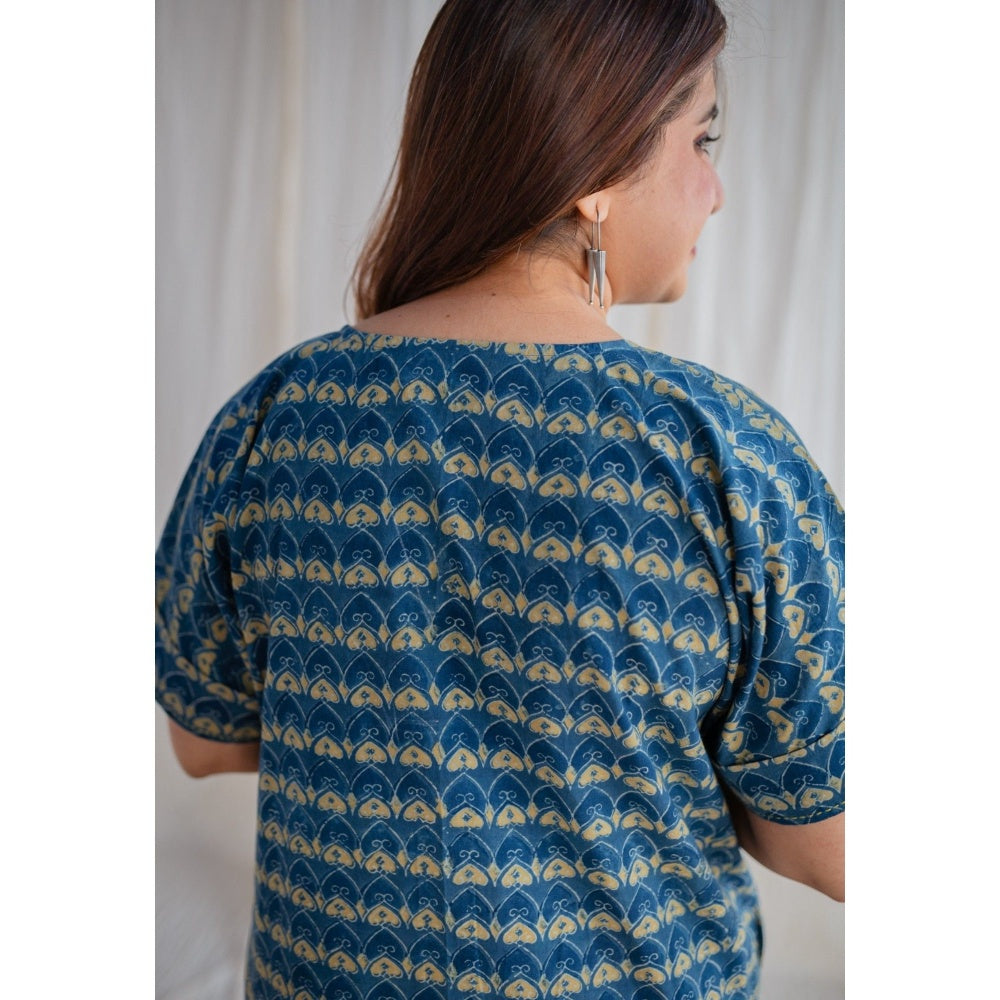 The Indian Ethnic Co. Indigo Ajrakh Cotton Midi Dress